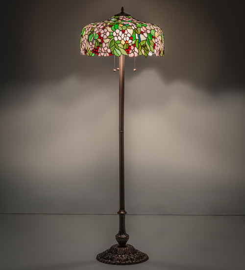 Meyda Lighting Tiffany Cherry Blossom 63" 3-Light Mahogany Bronze Floor Lamp With Multi-Colored Shade Glass