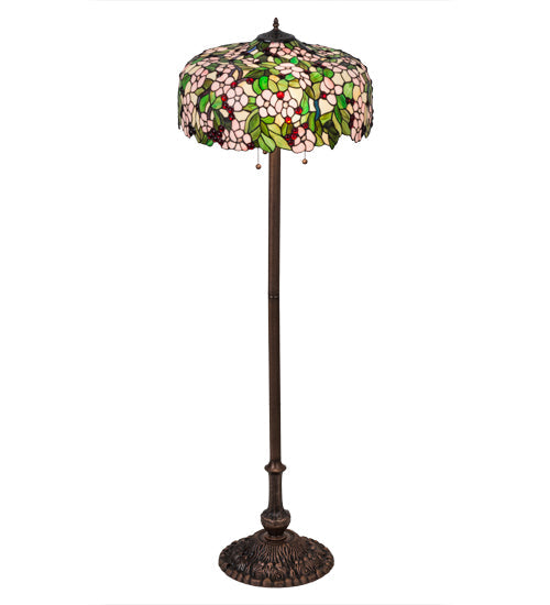 Meyda Lighting Tiffany Cherry Blossom 63" 3-Light Mahogany Bronze Floor Lamp With Multi-Colored Shade Glass