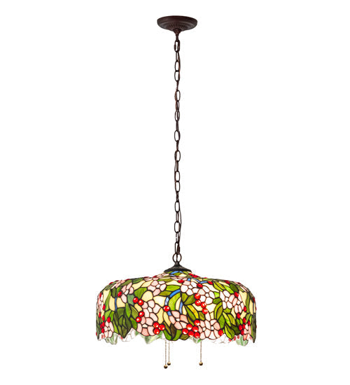 Meyda Lighting Tiffany Cherry Blossom 72991 20" 3-Light Mahogany Bronze Pendant Light With Multi-Colored Shade Glass