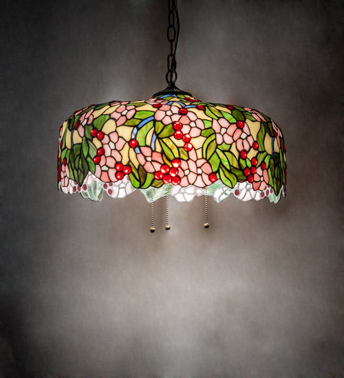 Meyda Lighting Tiffany Cherry Blossom 72991 20" 3-Light Mahogany Bronze Pendant Light With Multi-Colored Shade Glass