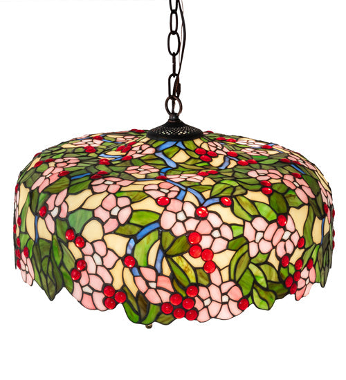 Meyda Lighting Tiffany Cherry Blossom 72991 20" 3-Light Mahogany Bronze Pendant Light With Multi-Colored Shade Glass