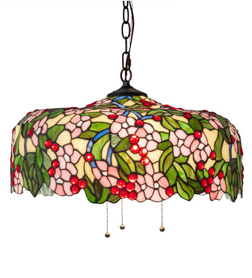 Meyda Lighting Tiffany Cherry Blossom 72991 20" 3-Light Mahogany Bronze Pendant Light With Multi-Colored Shade Glass