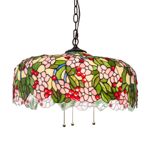 Meyda Lighting Tiffany Cherry Blossom 72991 20" 3-Light Mahogany Bronze Pendant Light With Multi-Colored Shade Glass