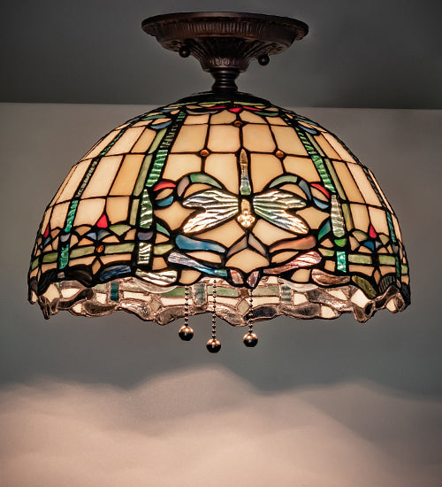 Meyda Lighting Tiffany Dragonfly 12" 3-Light Mahogany Bronze Flush Mount Light With Multi-Colored Stained Shade Glass