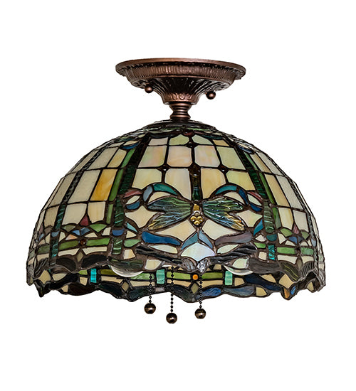Meyda Lighting Tiffany Dragonfly 12" 3-Light Mahogany Bronze Flush Mount Light With Multi-Colored Stained Shade Glass