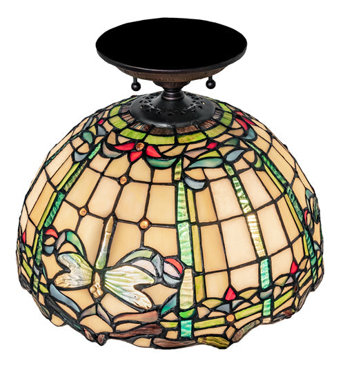 Meyda Lighting Tiffany Dragonfly 12" 3-Light Mahogany Bronze Flush Mount Light With Multi-Colored Stained Shade Glass
