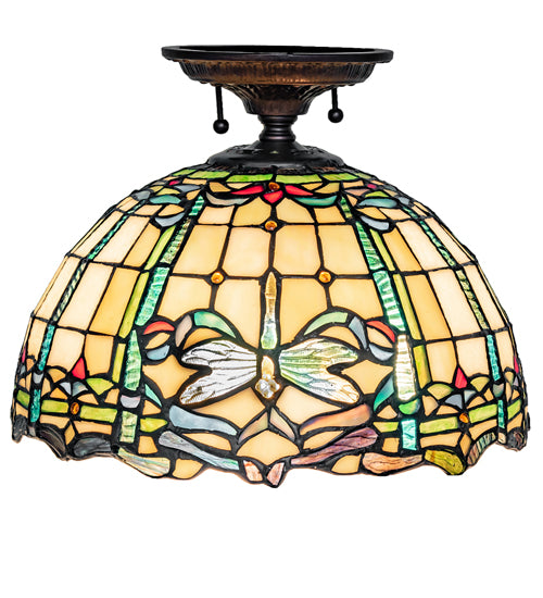Meyda Lighting Tiffany Dragonfly 12" 3-Light Mahogany Bronze Flush Mount Light With Multi-Colored Stained Shade Glass