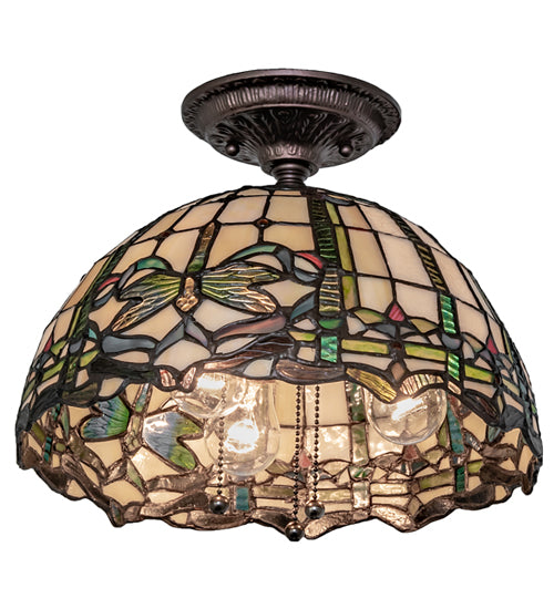 Meyda Lighting Tiffany Dragonfly 12" 3-Light Mahogany Bronze Flush Mount Light With Multi-Colored Stained Shade Glass