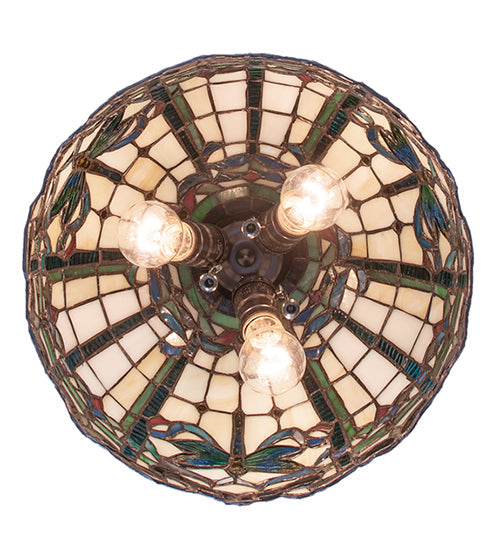 Meyda Lighting Tiffany Dragonfly 12" 3-Light Mahogany Bronze Flush Mount Light With Multi-Colored Stained Shade Glass