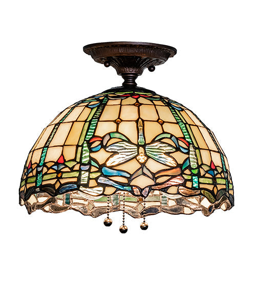 Meyda Lighting Tiffany Dragonfly 12" 3-Light Mahogany Bronze Flush Mount Light With Multi-Colored Stained Shade Glass