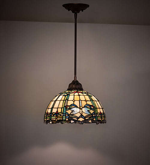 Meyda Lighting Tiffany Dragonfly 12" Mahogany Bronze Pendant Light With Multi-Colored Shade Glass
