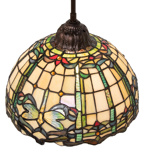 Meyda Lighting Tiffany Dragonfly 12" Mahogany Bronze Pendant Light With Multi-Colored Shade Glass