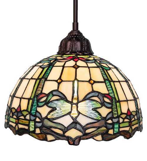 Meyda Lighting Tiffany Dragonfly 12" Mahogany Bronze Pendant Light With Multi-Colored Shade Glass