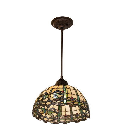 Meyda Lighting Tiffany Dragonfly 12" Mahogany Bronze Pendant Light With Multi-Colored Shade Glass