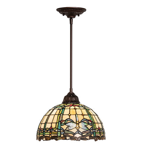 Meyda Lighting Tiffany Dragonfly 12" Mahogany Bronze Pendant Light With Multi-Colored Shade Glass
