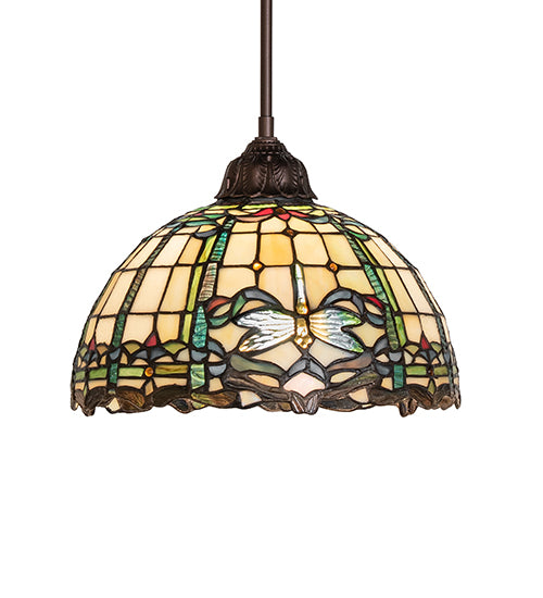 Meyda Lighting Tiffany Dragonfly 12" Mahogany Bronze Pendant Light With Multi-Colored Shade Glass