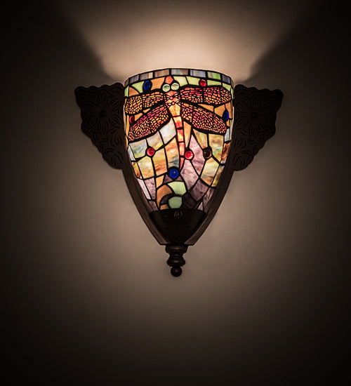 Meyda Lighting Tiffany Dragonfly 15" Mahogany Bronze Wall Sconce With Multi-Colored Shade Glass