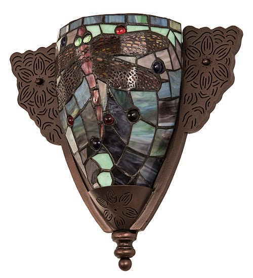 Meyda Lighting Tiffany Dragonfly 15" Mahogany Bronze Wall Sconce With Multi-Colored Shade Glass