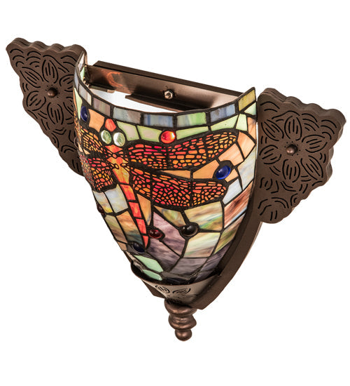 Meyda Lighting Tiffany Dragonfly 15" Mahogany Bronze Wall Sconce With Multi-Colored Shade Glass