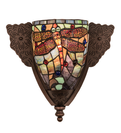 Meyda Lighting Tiffany Dragonfly 15" Mahogany Bronze Wall Sconce With Multi-Colored Shade Glass