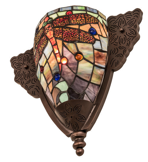 Meyda Lighting Tiffany Dragonfly 15" Mahogany Bronze Wall Sconce With Multi-Colored Shade Glass