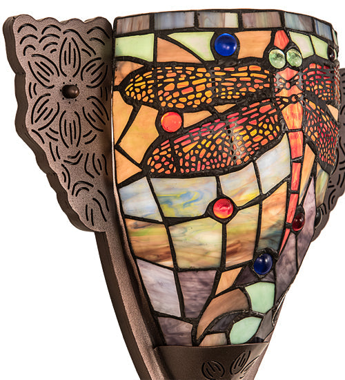 Meyda Lighting Tiffany Dragonfly 15" Mahogany Bronze Wall Sconce With Multi-Colored Shade Glass