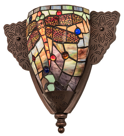Meyda Lighting Tiffany Dragonfly 15" Mahogany Bronze Wall Sconce With Multi-Colored Shade Glass