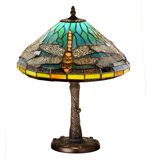 Meyda Lighting Tiffany Dragonfly 16" Mahogany Bronze Twisted Fly Mosaic Base Accent Table Lamp With Multi-Colored Stained Shade Glass