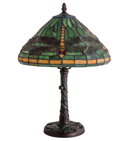 Meyda Lighting Tiffany Dragonfly 16" Mahogany Bronze Twisted Fly Mosaic Table Lamp With Green & Orange Shade Glass