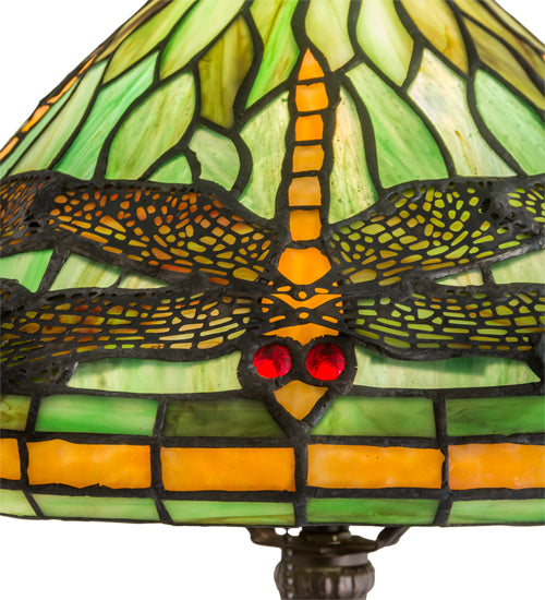 Meyda Lighting Tiffany Dragonfly 16" Mahogany Bronze Twisted Fly Mosaic Table Lamp With Green & Orange Shade Glass