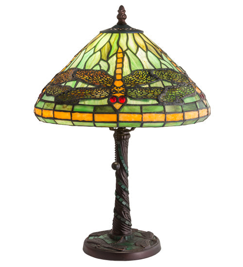 Meyda Lighting Tiffany Dragonfly 16" Mahogany Bronze Twisted Fly Mosaic Table Lamp With Green & Orange Shade Glass