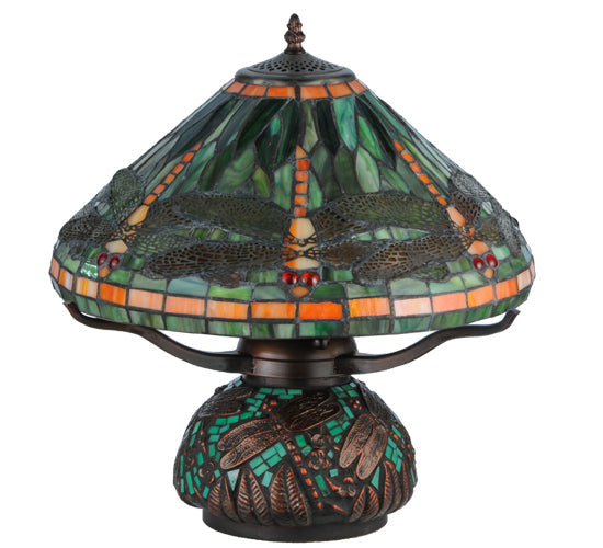 Meyda Lighting Tiffany Dragonfly 17" 3-Light Mahogany Bronze Mosaic Base Table Lamp With Multi-Colored Stained Shade Glass