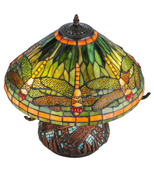 Meyda Lighting Tiffany Dragonfly 17" 3-Light Mahogany Bronze Mosaic Base Table Lamp With Multi-Colored Stained Shade Glass