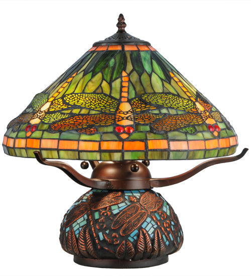 Meyda Lighting Tiffany Dragonfly 17" 3-Light Mahogany Bronze Mosaic Base Table Lamp With Multi-Colored Stained Shade Glass