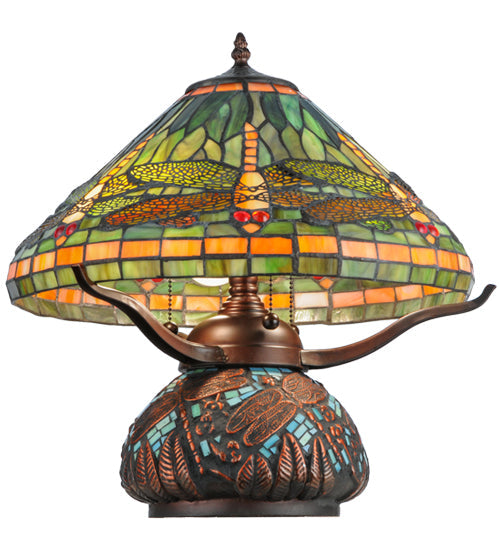 Meyda Lighting Tiffany Dragonfly 17" 3-Light Mahogany Bronze Mosaic Base Table Lamp With Multi-Colored Stained Shade Glass