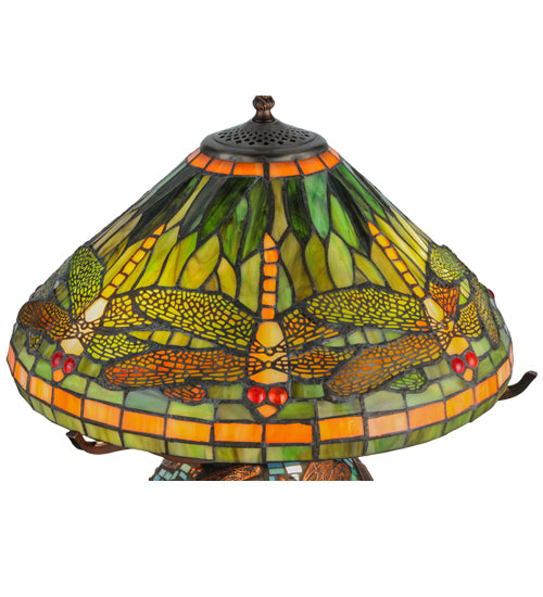 Meyda Lighting Tiffany Dragonfly 17" 3-Light Mahogany Bronze Mosaic Base Table Lamp With Multi-Colored Stained Shade Glass
