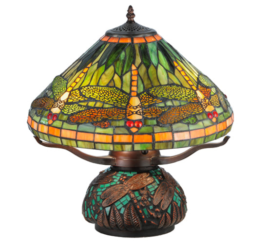 Meyda Lighting Tiffany Dragonfly 17" 3-Light Mahogany Bronze Mosaic Base Table Lamp With Multi-Colored Stained Shade Glass