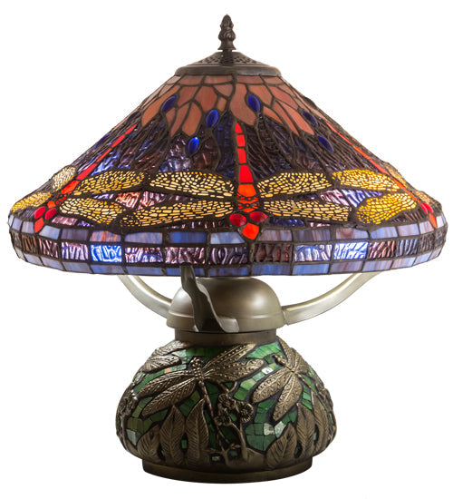 Meyda Lighting Tiffany Dragonfly 17" 3-Light Mahogany Bronze Table Lamp With Multi-Colored Stained Shade Glass