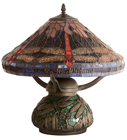 Meyda Lighting Tiffany Dragonfly 17" 3-Light Mahogany Bronze Table Lamp With Multi-Colored Stained Shade Glass