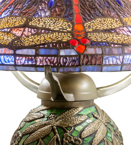 Meyda Lighting Tiffany Dragonfly 17" 3-Light Mahogany Bronze Table Lamp With Multi-Colored Stained Shade Glass