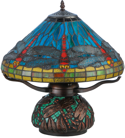 Meyda Lighting Tiffany Dragonfly 17" 3-Light Mahogany Bronze Tiffany Mosaic Base Table Lamp With Multi-Colored Stained Shade Glass