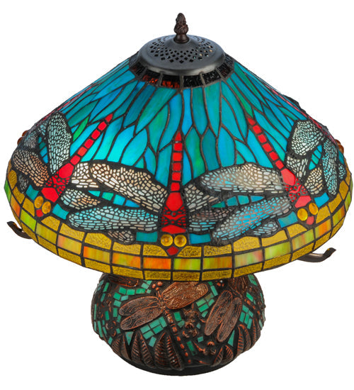 Meyda Lighting Tiffany Dragonfly 17" 3-Light Mahogany Bronze Tiffany Mosaic Base Table Lamp With Multi-Colored Stained Shade Glass