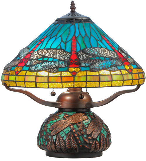 Meyda Lighting Tiffany Dragonfly 17" 3-Light Mahogany Bronze Tiffany Mosaic Base Table Lamp With Multi-Colored Stained Shade Glass