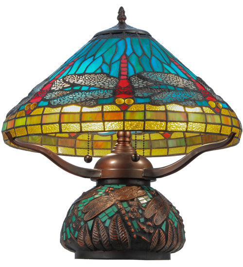 Meyda Lighting Tiffany Dragonfly 17" 3-Light Mahogany Bronze Tiffany Mosaic Base Table Lamp With Multi-Colored Stained Shade Glass