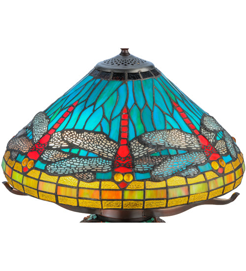 Meyda Lighting Tiffany Dragonfly 17" 3-Light Mahogany Bronze Tiffany Mosaic Base Table Lamp With Multi-Colored Stained Shade Glass