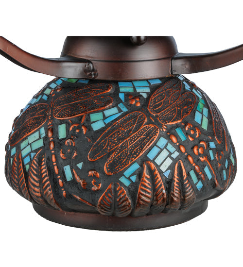 Meyda Lighting Tiffany Dragonfly 17" 3-Light Mahogany Bronze Tiffany Mosaic Base Table Lamp With Multi-Colored Stained Shade Glass