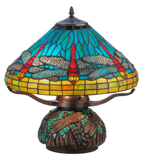 Meyda Lighting Tiffany Dragonfly 17" 3-Light Mahogany Bronze Tiffany Mosaic Base Table Lamp With Multi-Colored Stained Shade Glass