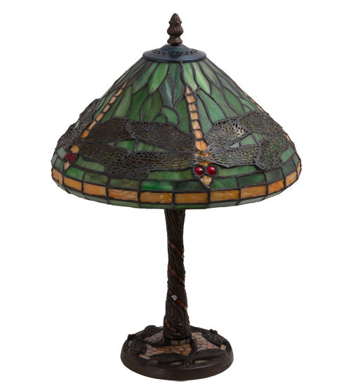 Meyda Lighting Tiffany Dragonfly 17" Mahogany Bronze Twisted Fly Mosaic Table Lamp With Multi-Colored Shade Glass
