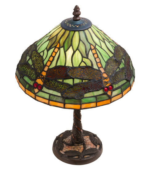 Meyda Lighting Tiffany Dragonfly 17" Mahogany Bronze Twisted Fly Mosaic Table Lamp With Multi-Colored Shade Glass