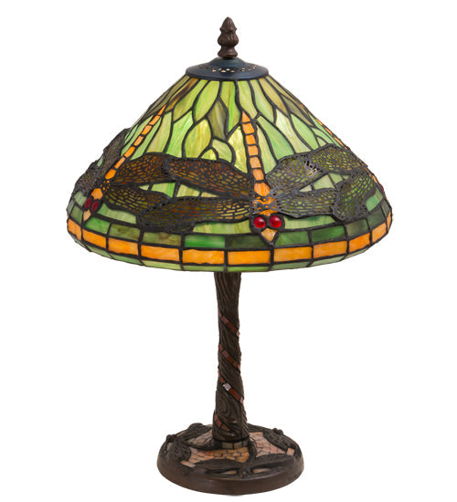 Meyda Lighting Tiffany Dragonfly 17" Mahogany Bronze Twisted Fly Mosaic Table Lamp With Multi-Colored Shade Glass